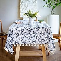 YUURAIN VUVU Vintage Dark Blue Floral Square Tablecloth - Cotton